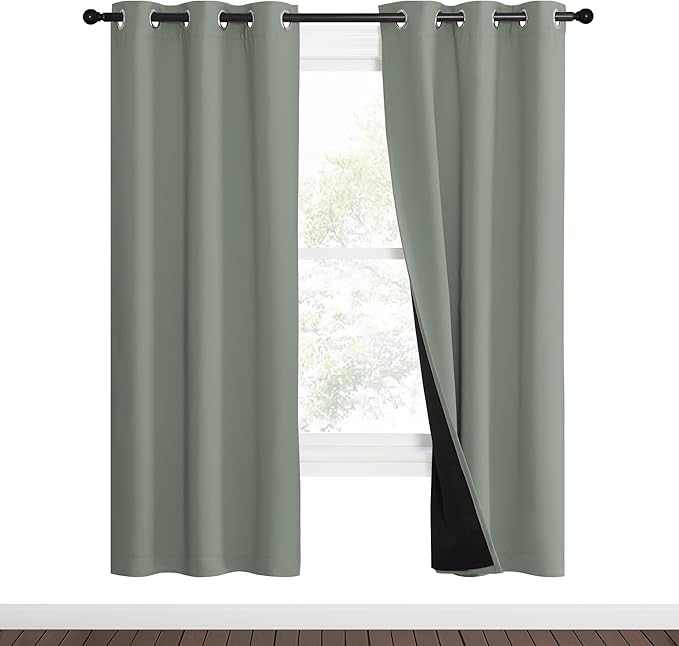 NICETOWN 100% Blackout Window Curtain Panels, Heat and Full Light Blocking Drapes with Black Liner for Nursery, 70" Drop Thermal Insulated Draperies (Greyish Green, 2 Pieces, 37" Wide Each Panel) - Image 2