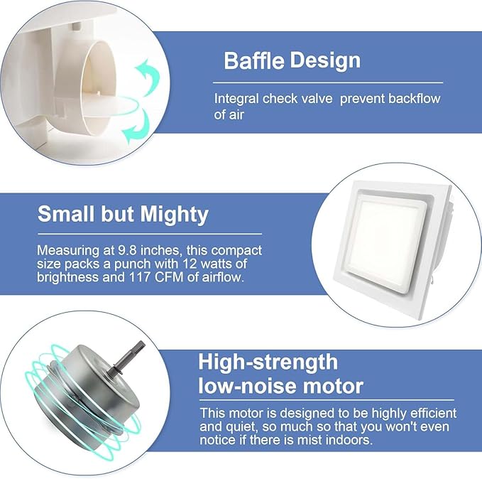 Bathroom Exhaust Fan with Light,9.8 in Panel,6000K 12W Square LED,117CFM 0.7 Sones 4 Inches Duct 115V,Quiet Bathroom Ventilation Exhaust Fan for Shower/Restroom/Office/Home (6000K LED) - Image 5