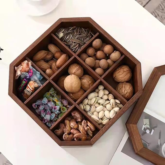 Show Box 9 Compartments Snack Storage Box Container Solid Black Walnut Wood Collectable Box Case for Candy and Nuts with Glass Lid Cover Top, Sectional Tray - Image 3