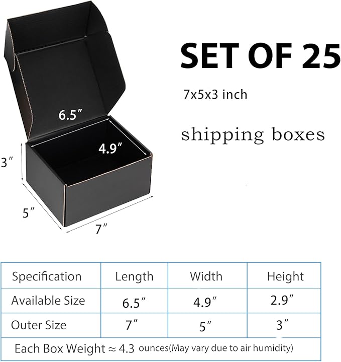 Small Shipping Boxes 7x5x3 Inch (25 Pack) - Sturdy Black Corrugated Cardboard Boxes for Small Business, Ecommerce, Mailing & Packaging | Recyclable Gift & Storage Boxes - Image 2
