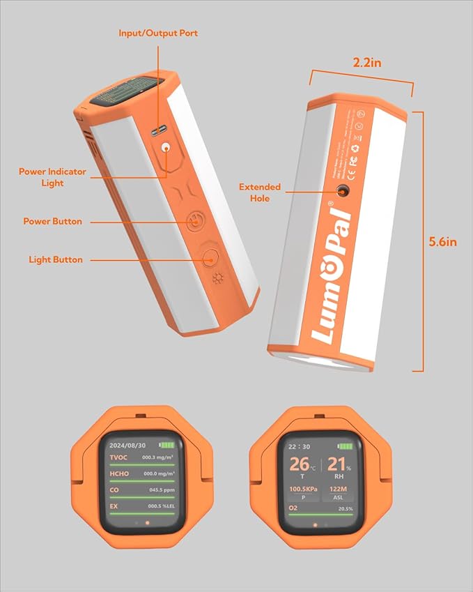 Portable Air Monitor, Lumopal Air Sensor with CO/TVOC/HCHO/EX/Humidity/Temp/Pressure Detector Indoor/Outdoor, VOC Meter CO Detector Gas Alert with 8000mah Long Lasting for Home Camping (Orange) - Image 7