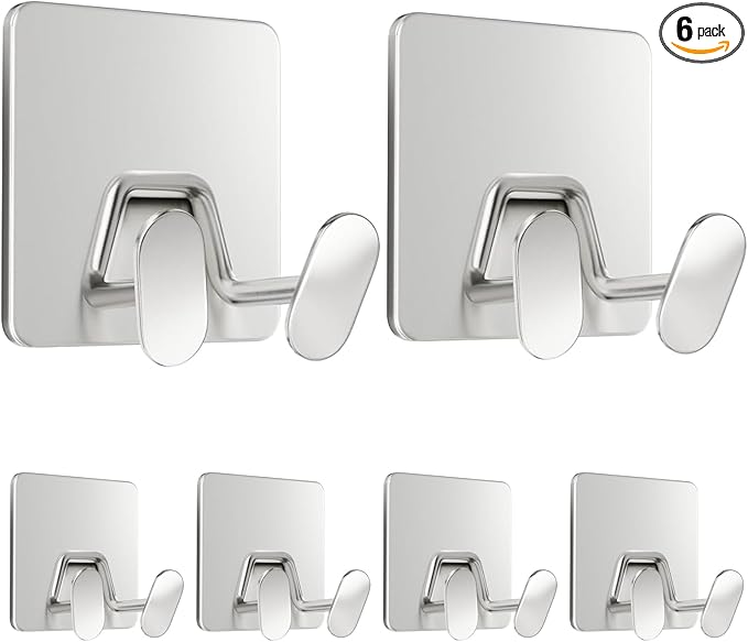Shower Hooks for Inside Shower - Extra Sticky Stainless, Razor Holder Accessories, Wall Mounted Self-Adhesive Double Hooks for Razor, Loofah, Towel, Shaver, Coat, Key, Silver 6 Pack by susswiff