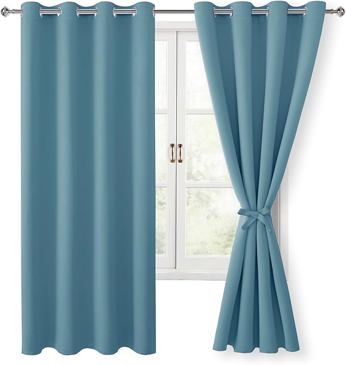 Hiasan Blackout Curtains for Bedroom, 52 x 63 Inches Length - Thermal Insulated & Light Blocking Window Curtains for Living Room, 2 Drape Panels Sewn with Tiebacks, Stone Blue by Hiasan