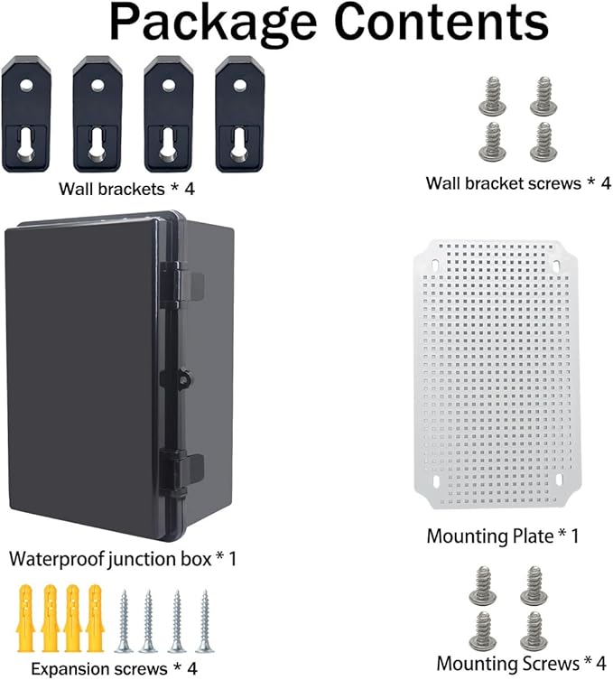 Junction Box, Hinged Black Cover IP67 Waterproof ABS Project Box with Mounting Plate Electrical Box Enclosure with Wall Bracket 11.4 x 7.5 x 5.5inch(290x190x140mm) - Image 6