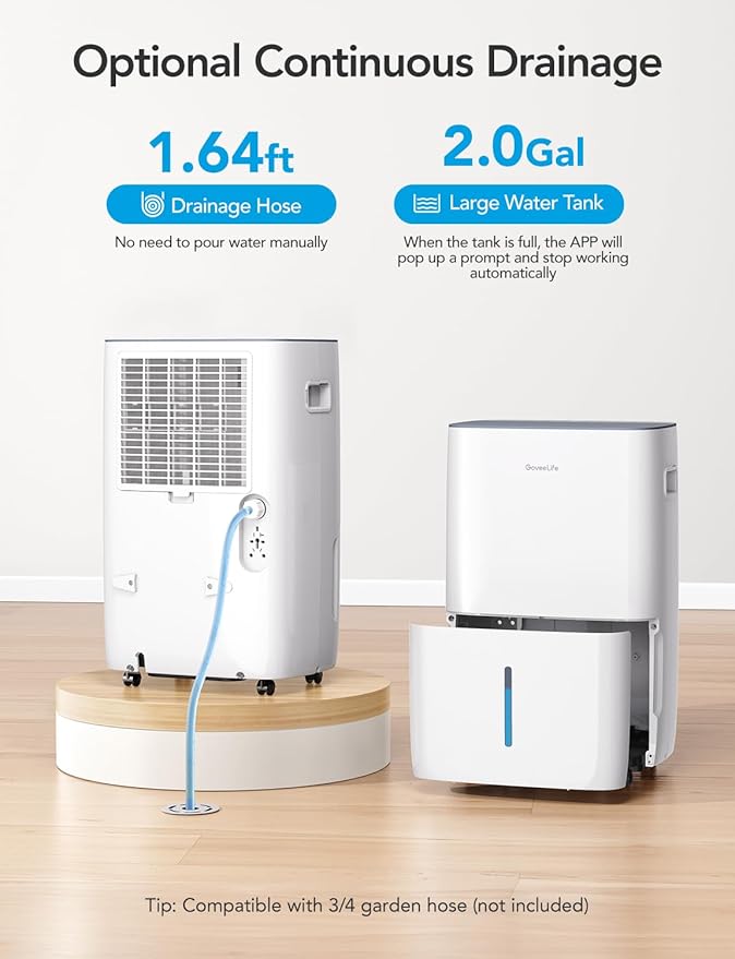 GoveeLife Dehumidifier for Home 4,500 Sq.Ft, 50 to 137 Pint Smart Auto Humidity Control, Drain Hose, 2.0Gal Bucket, Compressor Dehumidifiers for Basement with Auto Shut Off, Bathroom, Garage, w/WiFi - Image 6