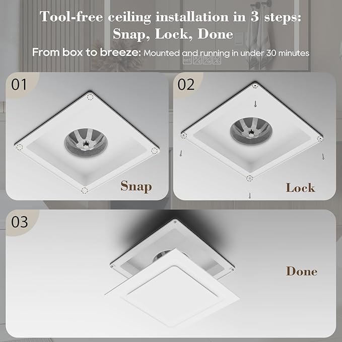 Bathroom Exhaust Fan 12" Panel Ultra Quiet without Light（10x10 Mount）, 1.0 Sone 130CFM, 4" Duct for Bathroom/Garage/Home - Image 5
