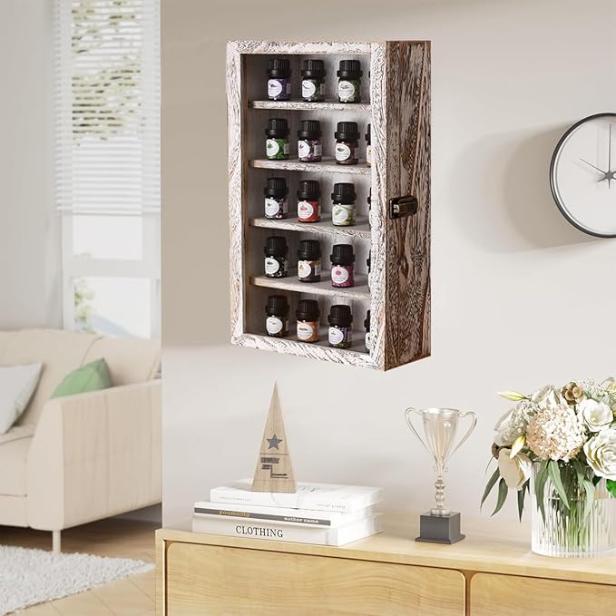 Wall Mounted Wooden Collectible Display Case 5 Shelf Display Storage Accessories Display with Acrylic Door, Sunglass Display Cabinet, Wall Shadow Box, Shelf Thimble Display Case (Old White) - Image 2