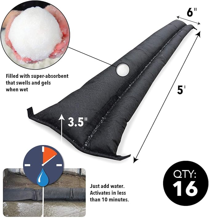 Quick Dam Water Activated 5ft Flood Barrier, Reusable Water Absorbers for Diverting Water, Protects from Rain, Spills, Leaks, Floods & More, - Pack of 16 - Image 5