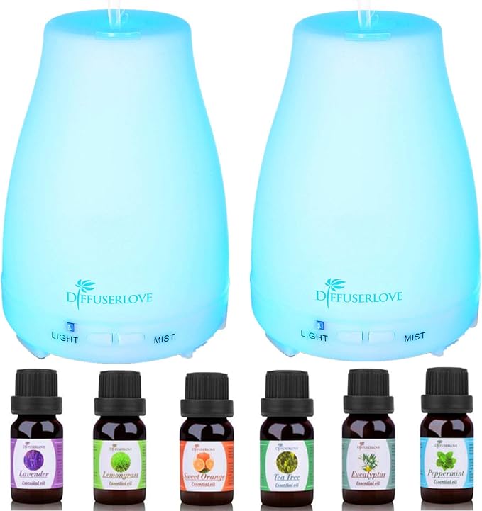 Diffuserlove 2 Pack 200ml Essential Oil Diffuser Ultrasonic Aromatherapy Diffuser with Waterless Auto Shut-Off Aroma Cool Mist Humidifiers with 6 Bottles of Natural Essential Oils /7 Color LED Lights by Diffuserlove