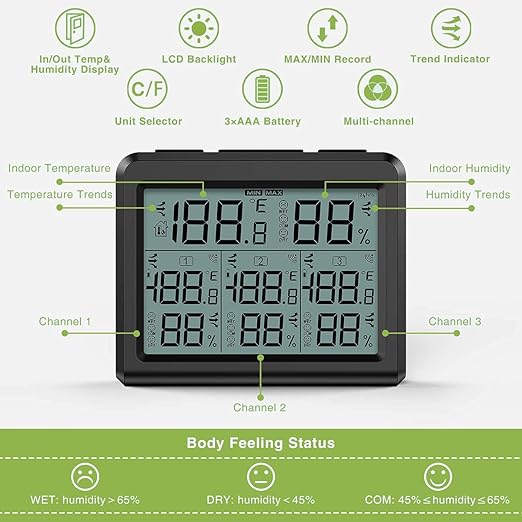 KeeKit Indoor Outdoor Thermometer, Temperature Humidity Monitor with 3 Wireless Sensors, Hygrometer Meter Gauge with LCD Backlight, Min/Max Record for Home, Office, Restaurants, Bars – Black - Image 4