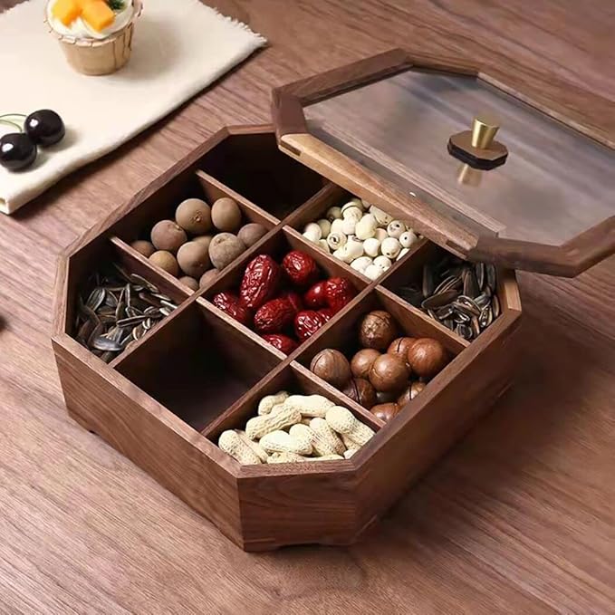 Show Box 9 Compartments Snack Storage Box Container Solid Black Walnut Wood Collectable Box Case for Candy and Nuts with Glass Lid Cover Top, Sectional Tray - Image 2