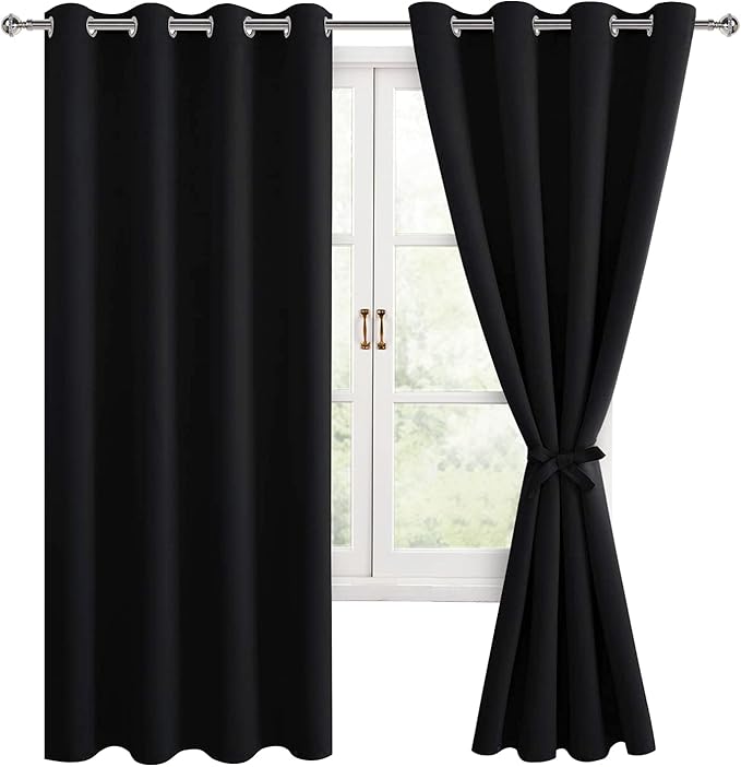 Hiasan Blackout Curtains for Bedroom, 52 x 63 Inches Length - Thermal Insulated & Light Blocking Window Curtains for Living Room, 2 Drape Panels Sewn with Tiebacks, Black by Hiasan