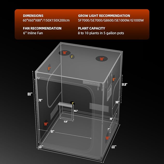 Spider Farmer 5x5 Grow Tent 2025 New, 60"x60"x80",1680D Thicken Mylar Canvas, with Hook for Controller and Power Strip, Enlarged View Window for Indoor Hydroponic Growing for SF7000, SE7000, G7000 - Image 8