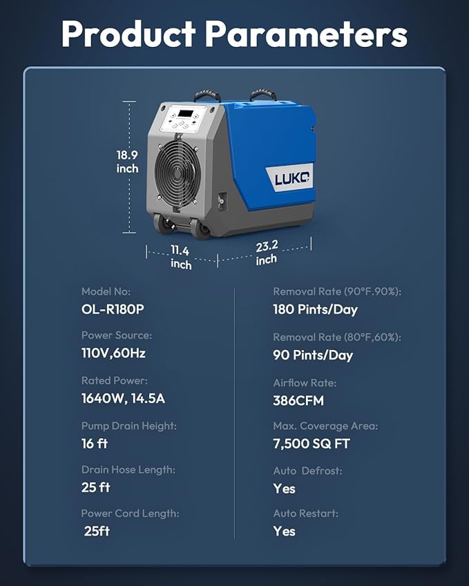 LUKO 180 PPD Commercial Dehumidifier with Pump, Crawl Space Dehumidifier with Continuous Drain Pump, Industrial Strength for Large Spaces, Basement, Post-Flood Drying, 5 Years Limited Warranty - Image 6