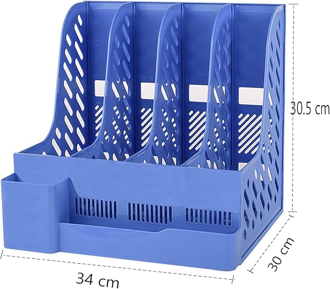 SAYEEC Magazine File Holder with Pen Holder and Storage Case, Plastic Desk Organizer File Folder Holder with 4 Vertical Compartments, Sturdy Desktop Binder Organizer for Office, School, Home (Blue) - Image 2