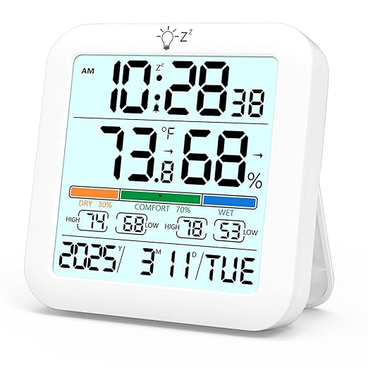 Mini Digital Indoor Thermometer Hygrometer Clock, Room Temperature Humidity Monitor with Calibration, Backlight, Air Comfort Indicator, 24H Max Min Record, Time, Alarm for Home, School by Timloon