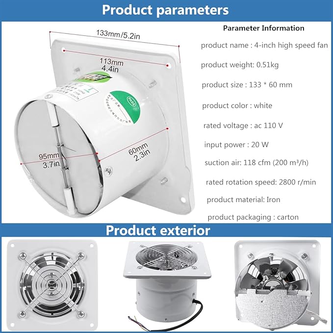 4'' Wall-Mounted Exhaust Fan, Small Bathroom Metal Iron Ventilation Fan, IPX4 118CFM Window Extractor Fan with Anti-backflow Check for Toilet, Office, Garage, Attic - Image 3