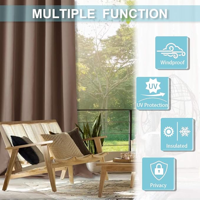 RYB HOME Extra Wide Outdoor Curtains for Patio Waterproof Tab Top Heavy Duty Thermal Insulated in Summer Full Coverage Privacy for Porch, Gazebo & Pergola, W100 x L108, Mocha, 1 Panel - Image 8