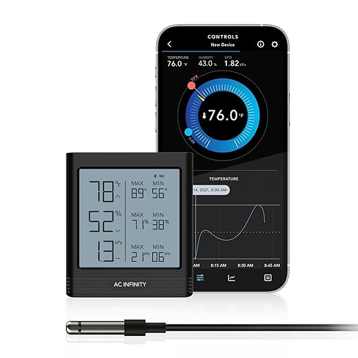 AC Infinity Temperature Humidity VPD Smart Hygrometer B1 with LCD Display & Bluetooth App Monitor, Climate Gauge Thermometer Sensor Probe for Basements, Guitar Rooms, Grow Tents, Greenhouses by ACInfinity