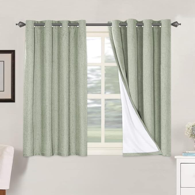 H.VERSAILTEX Linen Blackout Curtains 45 Inches Long 100% Absolutely Blackout Thermal Insulated Textured Linen Look Curtain Draperies Anti-Rust Grommet, Energy Saving with White Liner, 2 Panels, Sage by HVERSAILTEX