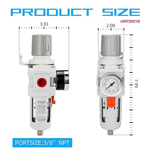 NANPU 3/8" NPT Compressed Air Filter Regulator Combo Piggyback, Semi-Auto Drain, 5 Micron Brass Element, Poly Bowl, Metal Bracket, 0-150 psi Gauge - Image 3