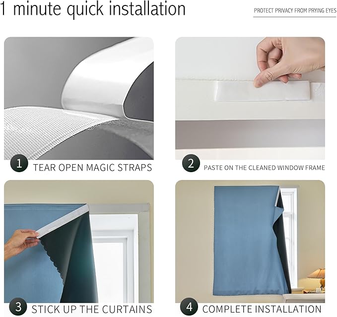 Adhesive Curtain 100% Blackout No-Drill Easy Install for Bedroom Blinds Light Blocking (Sky Blue-47 W x 84" L-1P) - Image 2