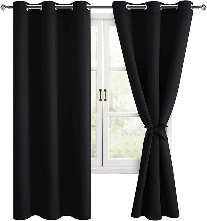 Hiasan Blackout Curtains for Bedroom and Living Room, Light Blocking, Noise Reducing Window Curtain Panels, Tiebacks Included, Set of 2, Grommet Top (Black, Width 38 Inch x Length 72 Inch) by Hiasan