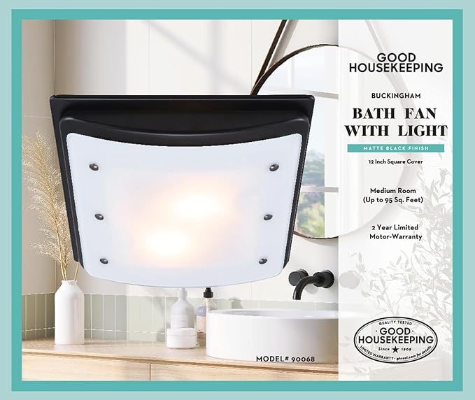 Good Housekeeping (90068) Buckingham 100 CFM 2.0 Sones Decorative Bathroom Ventilation Exhaust Fan with Light & Night-Light in Matte Black - Image 2