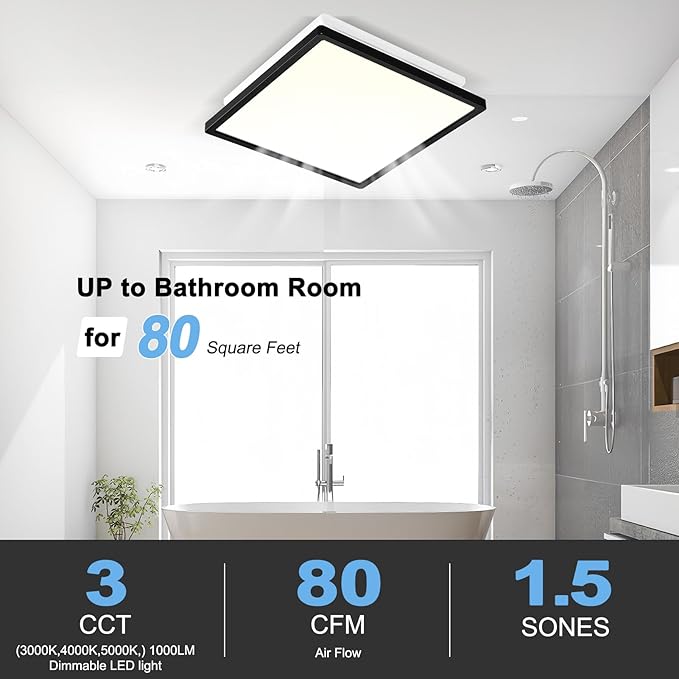 Tech Drive Bathroom Exhaust Fan with Light,80CFM 1.5Sone,Super Quiet Bathroom Ventilation Fan,1000lm Dimmable 3CCT LED Light 3000K/4000K/5000K Selectable, Energy Star Bath Fan, Decorative Black Trim - Image 2