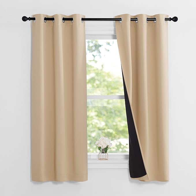 NICETOWN Bedroom Full Blackout Curtain Panels, Set of 2 Pcs, 37 by 60-inch, Biscotti Beige, Super Thick Insulated Grommet Drapes, Double-Layer Blackout Draperies with Black Liner for Small Window - Image 2