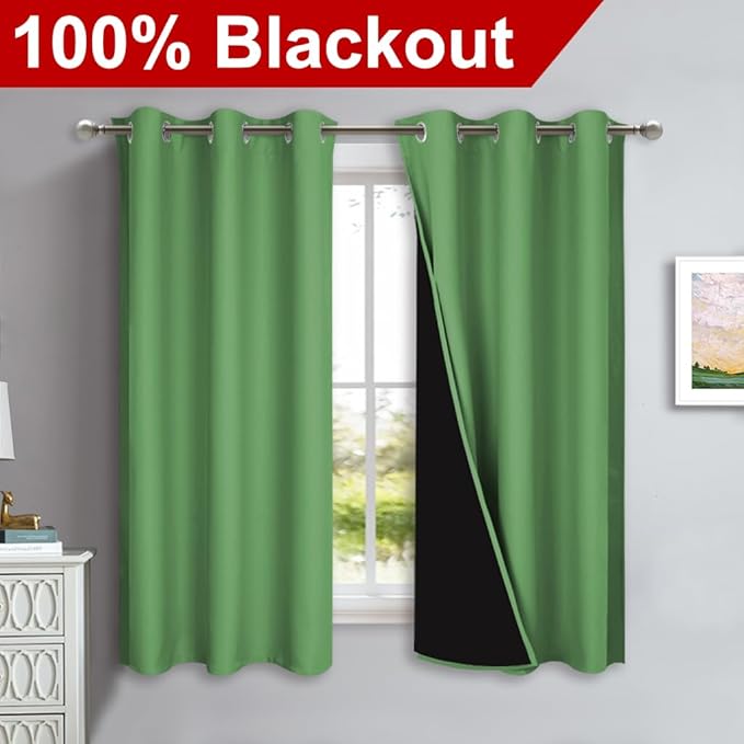 NICETOWN 100% Blackout Curtains 45 inches Long, Forest Green, 1 Pair, 42 inches Width Each Panel, 2 Thick Layers Completely Blackout Window Treatment Thermal Insulated Lined Drapes for Small Window - Image 2
