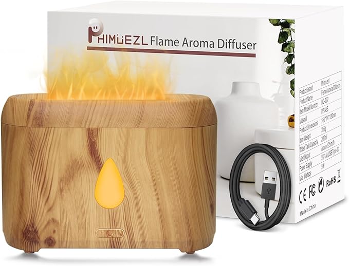 Flame Diffuser for Essential Oils, 200ml Ultrasonic Aroma Diffusers with Cool Mist, Aromatherapy Diffuser with Auto-Off Protection, Small Humidifier for Home,Office,Bedroom,Gift (Wooden Grain) by Phimuezl