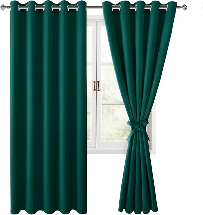 Hiasan Blackout Curtains for Bedroom, 60 x 63 Inches Length - Thermal Insulated & Energy Saving Window Curtains for Living Room, 2 Drape Panels Sewn with Tiebacks, Hunter Green - Image 8