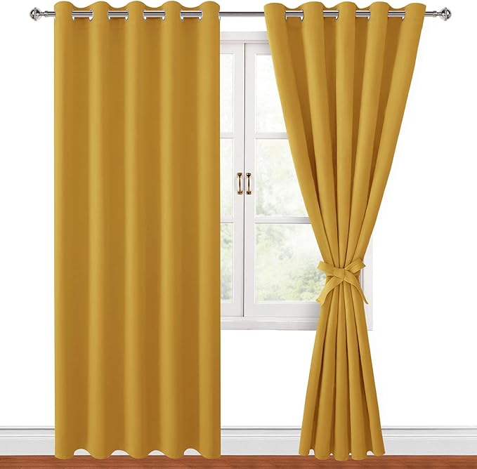 Hiasan Blackout Curtains for Bedroom, 60 x 84 Inches Long - Thermal Insulated & Light Blocking Window Curtains for Living Room, 2 Drape Panels Sewn with Tiebacks, Mustard Yellow - Image 7