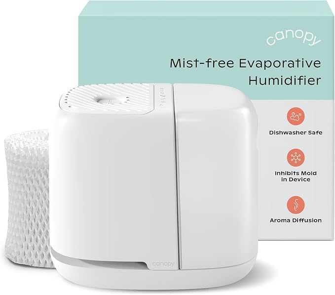 Canopy Bedside Humidifier 2.0, White, 36 HR Run Time, 2.5L Capacity - Reading Light & White Noise - Alleviate Symptoms of Allergies, Flu, Cold, Dry Skin - Humidifier, Filter, Power Cord & Adapter by Canopy
