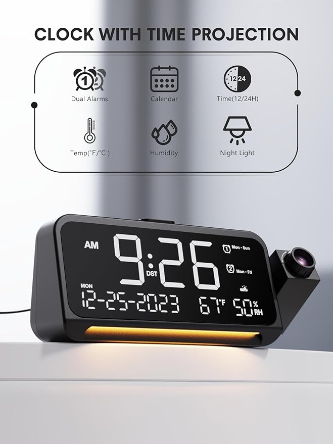 Mesqool Projection Alarm Clock for Bedroom, Digital Clock with Projection on Ceiling with Night Light, Date, Temperature, Humidity, Type-C USB Charger, Snooze, Dual Alarms, Dimmer,12/24H - Image 2