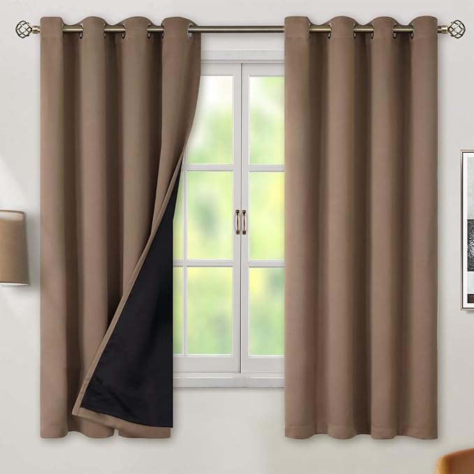 BGment Total Thermal Insulated 100% Blackout Curtains for Bedroom with Black Liner, Double Layer Full Room Darkening Noise Reducing Grommet Curtain (52 x 63 Inch, Taupe, 2 Panels) by BGment