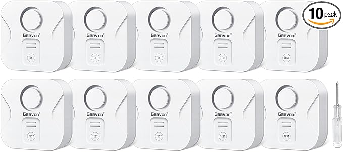 Geevon 10 Pack Water Leak Detectors for Home, 100dB Water Sensor Alarm Flood Leakage Detection Devices for Bathroom, Basements, Laundry Rooms, Kitchen, IP56 Waterproof(Battery＆Screwdriver Included) by GEEVON