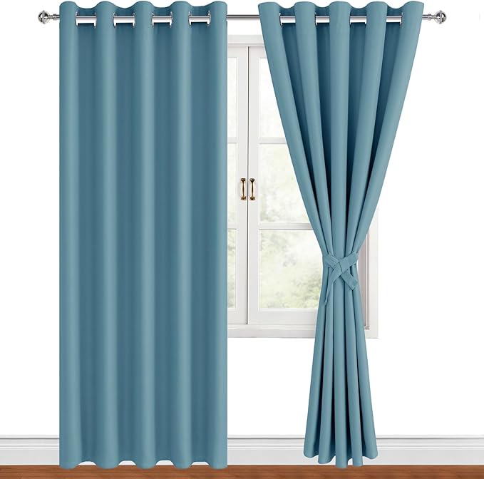 Hiasan Blackout Curtains for Bedroom, 60 x 84 Inches Long - Thermal Insulated & Noise reducing Window Curtains for Living Room, 2 Drape Panels Sewn with Tiebacks, Stone Blue by Hiasan