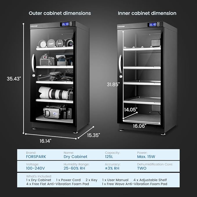 FORSPARK 125L Dual-Core Camera Dehumidifier Dry Cabinet, Quiet Humidity Control Storage with Lock & 4 Adjustable Shelves for DSLR, Lenses, Drones, Studios, Collectibles - 15W Energy Efficient, Black - Image 8