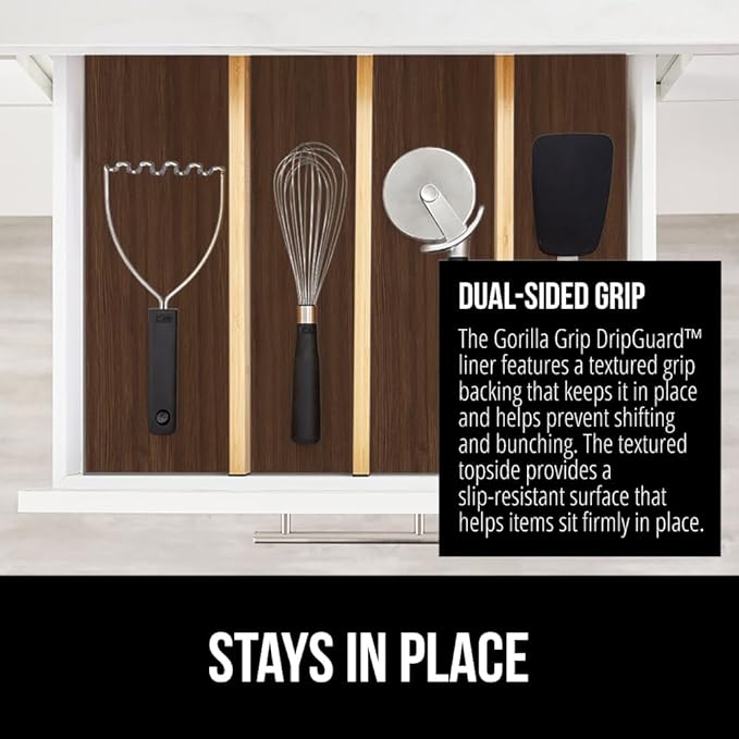 GORILLA GRIP DripGuard Shelf Liner, Non-Adhesive Drawer and Kitchen Cabinet Protector, 24x240 Inch, Strong Grip Slip Resistant Underside, Smooth Surface Liners for Cabinets, Bathrooms, Closets, Wood - Image 4