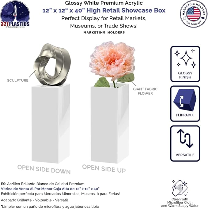 Marketing Holders Acrylic Display Riser Box White Pedestal 12" x 12" x 40" No Lid Tall Pillar Flower Tower Hollow Cube Safety 3/16 Thick Plexiglass 5 Sided Show Case Art Easel Pedestal Display - Image 2