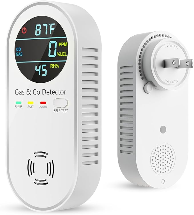Carbon Monoxide Detectors & Natural Gas Detector, 4-in-1 Carbon Monoxide Detectors Plug in, Gas Leak Detector with Dual Alarms, Temperature & Humidity Sensor for Home, RV, White, 1 Pack by VilfeLLC