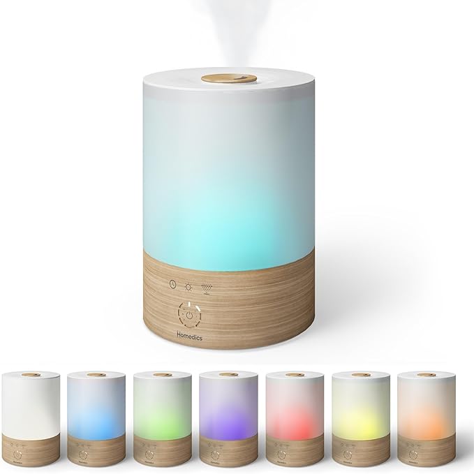 Homedics Cool Mist Ultrasonic Humidifier, 8-Colors Night Light, 0.66 Gal Top-Fill Tank, 24Hr Runtime, 3 Mist Settings, 360° Mist for 329 sq ft Rooms, Aromatherapy, Clean Tank Tech, Auto Shutoff by Homedics
