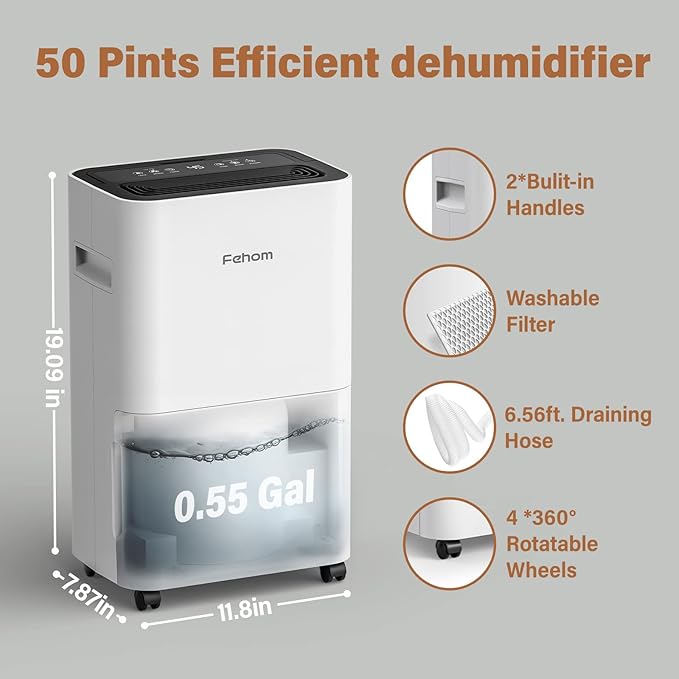 Fehom 4500 Sq. Ft Dehumidifier for Home Basements Bathroom Bedroom Continuous Drainage, with Auto Shut Off Humidity Control and Drain Hose - Image 4