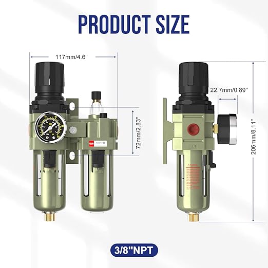 NPT 3/8" Air Regulator with Gauge,Air Compressor Water Separator with Accessories,Pneumatic Compressed Air Filter Pressure Oil Trap(AC3010-03) - Image 2