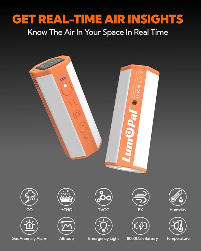 Portable Air Monitor, Lumopal Air Sensor with CO/TVOC/HCHO/EX/Humidity/Temp/Pressure Detector Indoor/Outdoor, VOC Meter CO Detector Gas Alert with 8000mah Long Lasting for Home Camping (Orange) - Image 2