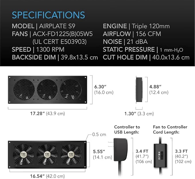 AC Infinity AIRPLATE S9, Quiet Cooling Fan System 18" with Speed Control, for Home Theater AV Cabinet Cooling - Image 6