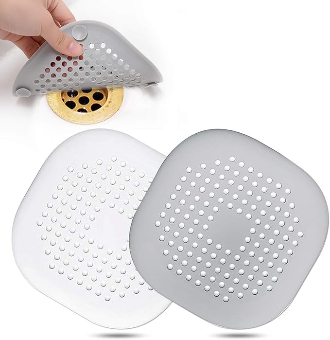 Hair Drain Catcher,Square Drain Cover for Shower Silicone Hair Stopper with Suction Cup,Easy to Install Suit for Bathroom,Bathtub,Kitchen 2 Pack (Grey White) by Bovinde