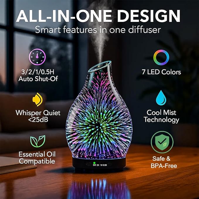 Essential Oil Diffuser & Essential Oils Set, Glass Aromatherapy Diffuser, 6 Oils Gift Pack (Lavender Tea Tree Lemongrass Sweet Orange Eucalyptus Peppermint) - Image 5
